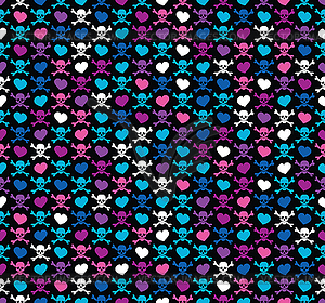 Colorful skulls and hearts - seamless pattern - vector clip art