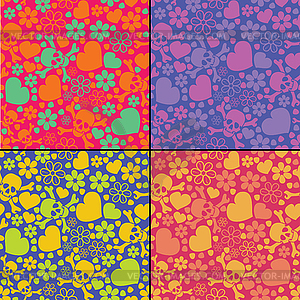 Set of four colorful skulls and hearts - seamless patte - vector image