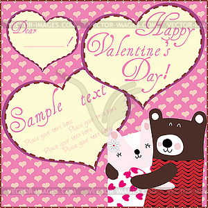 Valentine Greeting Card with Two cute Teddy bears - vector image