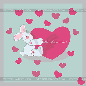 Smiled rabbit embraces the heart, illustration - vector image