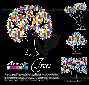 Set of abstract trees on black background . Vector. - vector image