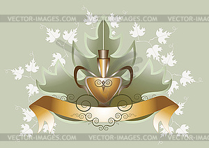 Grape leaves with bottle - vector image
