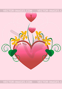 Red heart decorated with narcissus and curves. - vector clipart