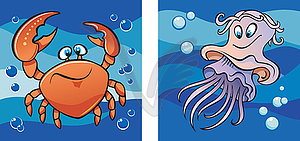 Marine life: crab and jellyfish - vector clip art