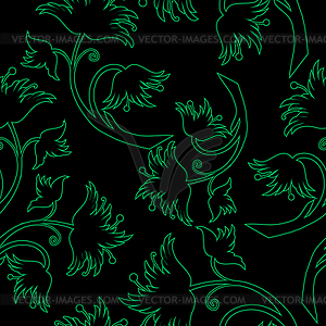 Decorative green flowers on black background - seamless - vector clip art