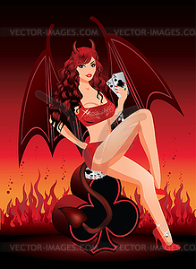 Poker time. Devil girl and poker cards - vector image