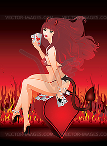 Poker time. Beautiful Devil girl and poker cards - vector clipart