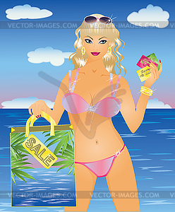 Summer girl with discount card  - vector image