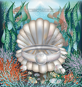 Underwater card with platinum ring and pearls  - vector clipart