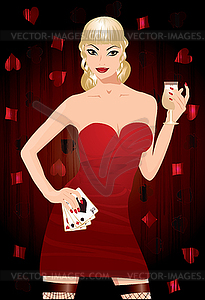 Beautiful girl with poker cards and champagne,  - vector image