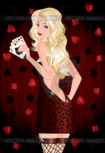 Pretty blonde girl with poker cards, vector - color vector clipart