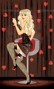 Blonde girl with champagne and poker cards,  - vector image