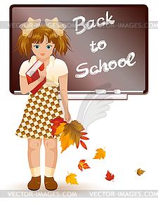 Back to school. Young girl with autumn leaves  - vector clipart