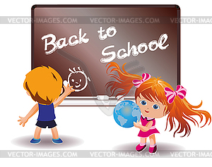 Back to School. Girl and boy in classroom - vector clipart