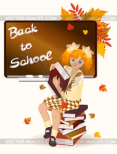 Back to school. Young schoolgirl with books - vector image