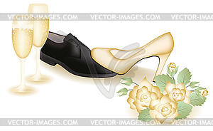 Wedding shoes and champagne. illustration - vector image