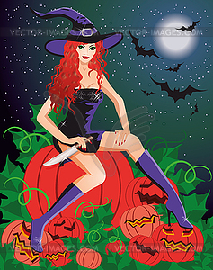 Red-haired witch with a knife sitting on a pumpkin - vector clipart