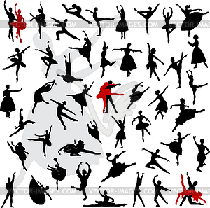 50 Silhouettes of ballerinas and dancers in movement - vector image