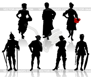 Silhouettes of the actors in theatrical costumes. - vector clip art