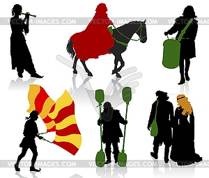 Silhouettes of people in medieval costumes - vector image