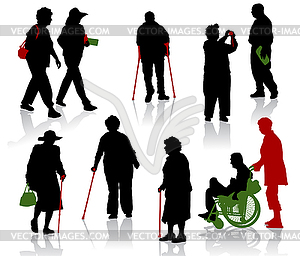 Silhouettes of old and disabled people - vector clipart