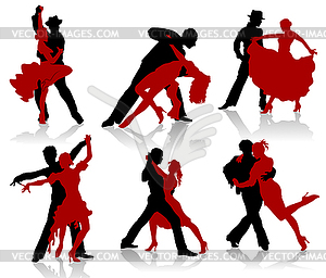 Silhouettes of the pairs dancing ballroom dances. Tango - stock vector clipart