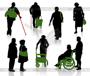 Силуэты пожилых людей и инвалидов - рисунок в векторе