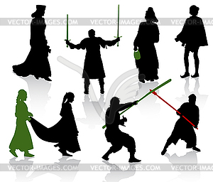 Silhouettes of people in medieval costumes.  - vector image