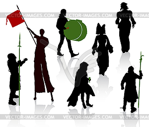 Silhouettes of people in medieval costumes - vector image