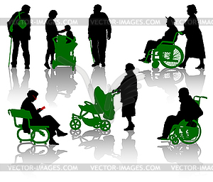 Silhouettes of old and disabled people. - vector clipart