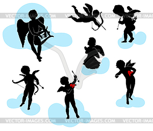 Silhouettes of angels, cherubs and cupids - vector image