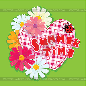 Checkered Heart, ladybird and daisies on green backgr - vector clip art