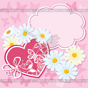 Heart and daisies on pink background with butterflies - vector clipart