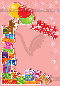 Baby birthday card with teddy bear and gift boxes  - color vector clipart