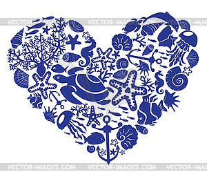 Heart of fishes, corals, shells, starfishes - vector clip art