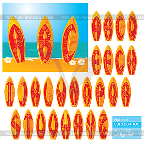 ABC - alphabet - surf boards with hand drawn letters  - vector clipart