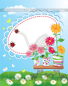 Summer frame with flowers in pots and ladybirds - vector clip art