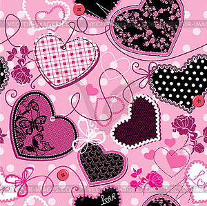 Розовые и черные сердца на розовом бесшовном фоне - векторный рисунок
