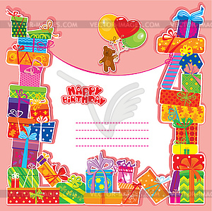 Baby birthday card with teddy bear and gift boxes  - vector image