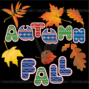 Set of autumn forest leaves and words AUTUMN and - vector clip art