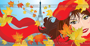Cute woman with red scarf, beret and maple leaves - vector image
