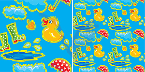 Seamless pattern with rubber duck and boots, clouds - vector clipart