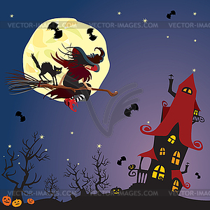 Halloween night: witch and black cat flying on broo - color vector clipart
