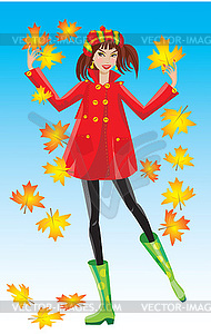 Pretty girl dressing coat and rubber boots - vector image