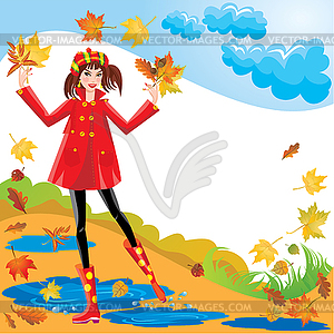Pretty girl dressing coat and rubber boots walking - vector clipart