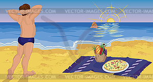 Couple on beach having pizza - vector image