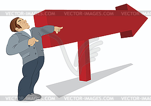 Man is pointing in direction of red arrow - vector clipart