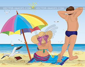 Married couple on beach under umbrella - vector clipart