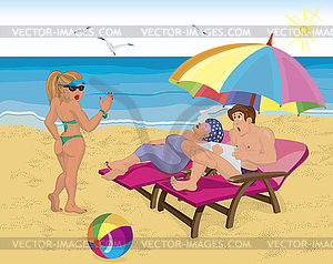 Married couple under umbrella on beach - vector clip art