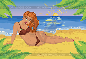 Sexy woman in evening under palm tree - vector clipart